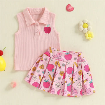Kids Girl Back to School Outfit | Tank Tops and Pleated Skirt Set for Toddler Summer Clothes