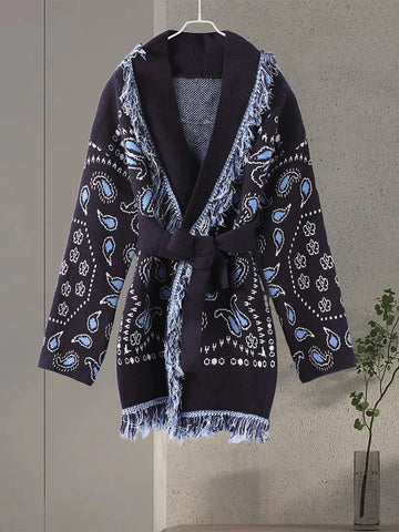 Vintage Print Tassels Knit Cardigan | Women V Neck Long Sleeves Belts Sweater Coats