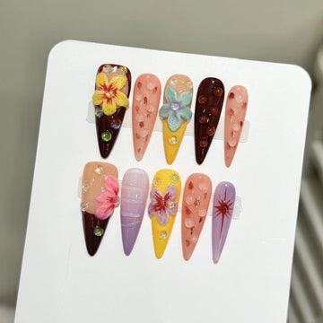 10pcs Handmade Flower Summer Nails 3d Carved