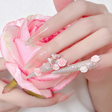 4 Piece Press On long Stiletto Nails Designs with 3D Pink Rose Rhinestone Decor Long Stiletto Shape
