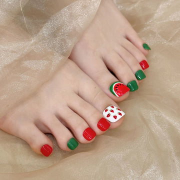 12pcs Handmade Watermelon Toenails In summer
