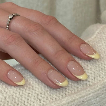 Yellow French Nail Art | Summer Simple Short Almond Fake Nails