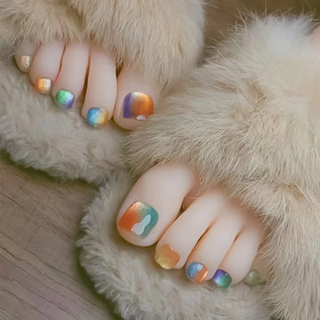 24 Colorful Toe Nail Designs | Cat Eyes Short Square Press On Toes Nails | Summer DIY Manicure