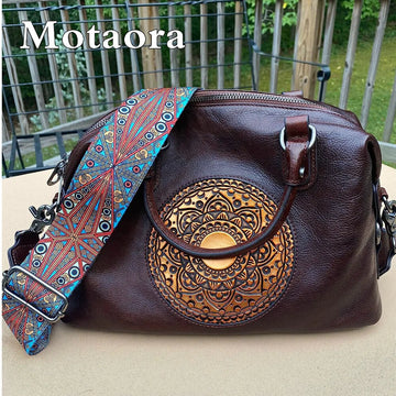 MOTAORA Genuine Cowhide Leather Women's Bohemian Tote Bag, | Leather Design Bag