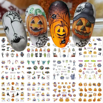 12pcs/set Halloween Spider Nail Art | Water Decals Cute Holiday Cartoon Design | Pumpkin Ghost Sliders