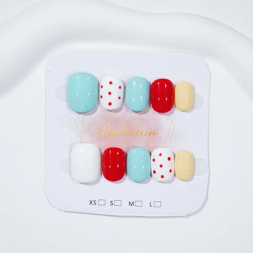 10 Solid Color Polka Dot Nails | False Nail Short Oval Detachable Wearable Nail for Women