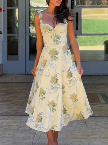 Stylish Sleeveless Resort Dress with Bow Tie and Flowing Drape