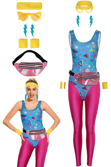 80s Jumpsuit Womens | Vintage Cosplay Tracksuit Yoga Costume Headband Leggings Fanny Pack Set Cloth Halloween Roleplay Suit