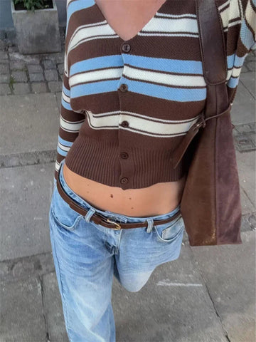 Tossy Striped Knit Cardigan Coat Women | V-Neck Contrast Loose Patchwork Long Sleeve Stitch Sweatshirt