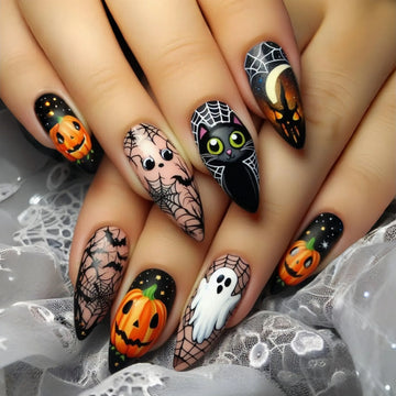 24 Halloween Nails Minimal | Spider Wed Black Cat Print Fake Nail