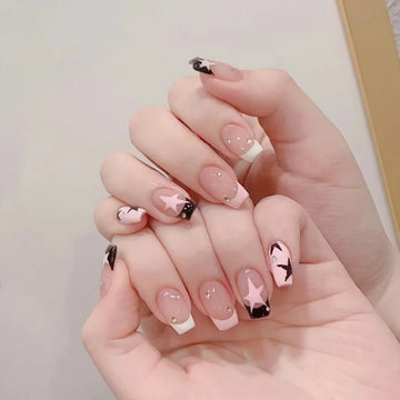 y2k Nails 24 School Nails Color | French Press Nail Tips with Five-pointed Star Pattern