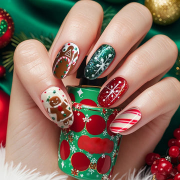 24 Christmas Nails Almond Press On Nails | Christmas Party Cute Gingerbread Fake Nail