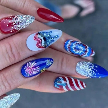 4th of July Almond French Tip Press-On Nails with Glue