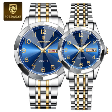 POEDAGAR Luxury Couple Watch Set | Number Dial Rhombus Mirror Hand Clock Stainless Steel Quartz Watches