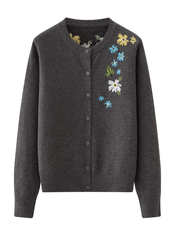 Women's Fashion Versatile Flower Embroidered Knitted Cardigan | O-Neck Long Sleeve Cardigan