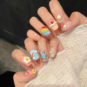 New 10Pcs Short Square 3D Cartoon Handmade Press on Nails | Vacation Nails Summer