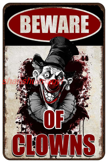 Horror Art Prints | Creepy Stuff Scary Clown Decor For Circus Yard Warning | Metal Sign