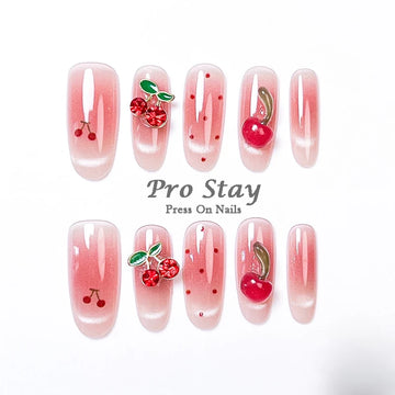 10 Pink Cherry Nail Design | 3d Pink Cherry & Heart Fake Nail With Diamond Reusable Tips
