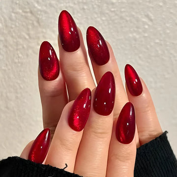 24pcs Glossy Red Cat's Eye Nails For Girl