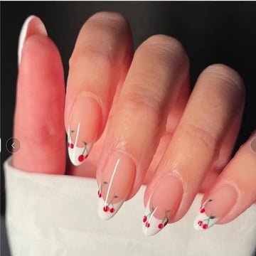 24 Acrylic False Nails | Cherry French Almond Wearable Artificial Fake Nails