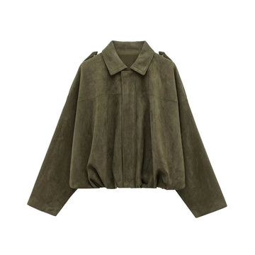 Collared Jacket Women's with Shoulder Straps Loose Fit | Stylish Olive Green