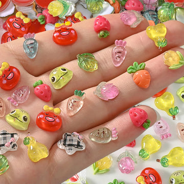 300pcs Cute Dark Cherry Red Nails | 3D Resin Little Star Snake Tulip Carrot Nail Art