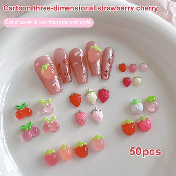 50 PCS Creative Cherry Red Nails | Colorful Strawberry Resin Nail Art Decorations DIY