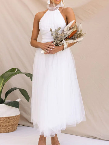 Backless Maxi Dress Wedding Guest | Adjustable Tie Halter Neck Tulle High Waist Solid Party Wedding Dress