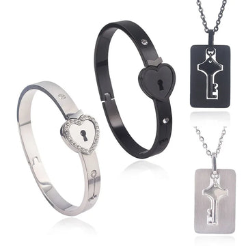 Stainless Steel Key Pendant | Black Heart Bracelet | Lover couple Valentines Day Gift