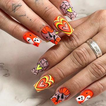 24 Cute Orange Halloween Nails | Halloween Series Cute Love Pumpkin Ghost Pattern Nail