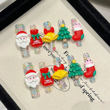 10 Christmas Press On Nails | 3D Pipe Ladder Press On Nails | Resin Fake Nails for Christmas