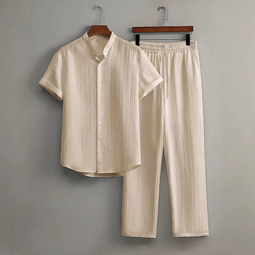 New England Fall Outfits | Loungewear Solid Color Textured Short Sleeve Button Down Shirt and Pants