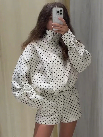 Autumn Clothes For Ladies | Polka Dot Sets For Women | Stand Collar Drawstring Jacket High Waist Shorts
