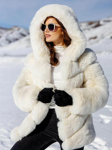 Fashion Hooded Splicing Fluffy Jacket Women | Winter Long Sleeve White Faux Fur Coat