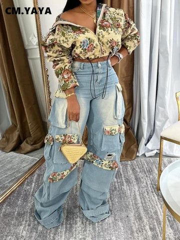 Floral Denim Jackets For Women | Cargo Pants | Street Two 2 Piece Set Outfit