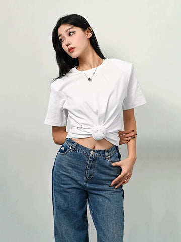 Y2K Top | Women Fashionable and versatile navel padded shoulder short-sleeved T-shirt