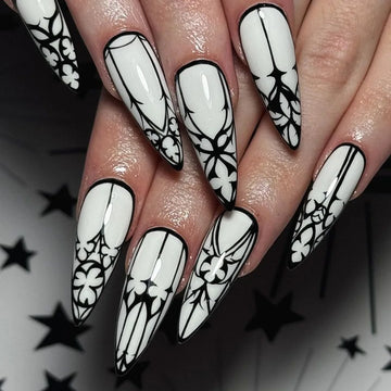 24 Pcs Gothic Fake almond Halloween Nails | Long Press On Nails White Glossy Stick On