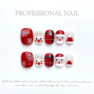 10 Christmas Red Nails | Cute Press on Hand-painted Snowflake Snowman Gingerbread Design