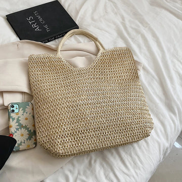 Women Straw Tote Bag | Large Capacity Vintage Shoulder Bag | Solid Color Weaving Travel Handbag