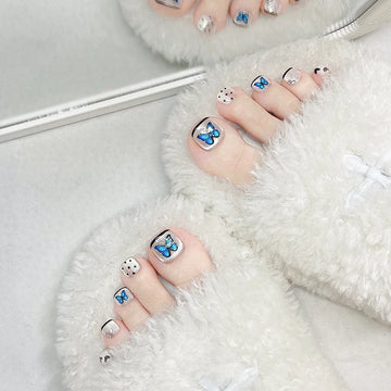12 Blue Butterfly Toe Nails | Handmade Black Dot and Love Heart Shaped False Toe Nails
