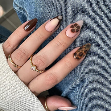 24 French Flower Almond Nails | Leopard Print Nail Tips | winter nails ideas
