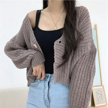 V Neck Knitted Cardigan | Women's Solid Color Button Long Sleeve Jumper