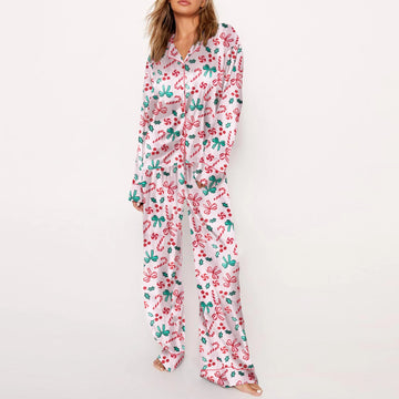 Christmas Pajamas Set | Hirigin Satin Silk Christmas Pajamas Set for Women | Cute Santa Claus Pjs Button Up Shirt+Pants