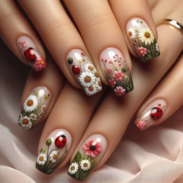 24pcs Short Square Ladybug Butterfly Flower Nails