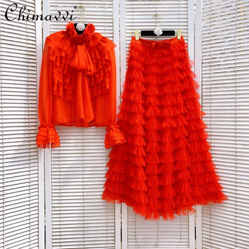 Chiffon Shirts | French Elegant Commuter Lace-up Bow Flared Sleeve Chiffon Shirts High Waist | Long Skirt Two-piece Set Women