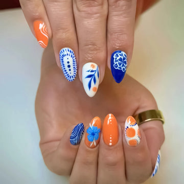 24Pcs Summer Orange Fake Nails with Blue Flowers -Floral Acrylic Full Cover False Nail
