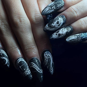 24 Black Halloween Nails – Medium-Long Almond Shape With Halloween Skull Designs
