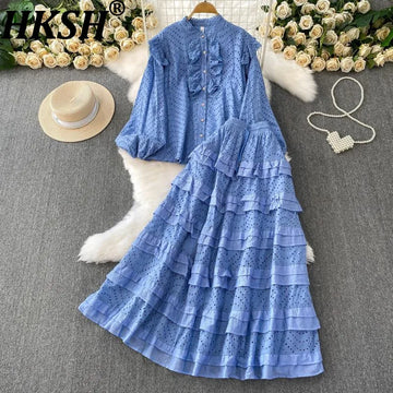 HKSH Autumn Style | Stand Collar Long Sleeve Single Breasted Shirt Layered Ruffles Sweet Skirt