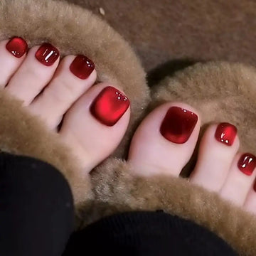 24 French Full Cover Summer Red Cat Eye Short Square Toe Nails| Dark Red Cat Eye Nails