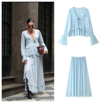 Two Piece Sets Skirt and Top | Ruffled long-sleeved shirt with high waist A-line skirt